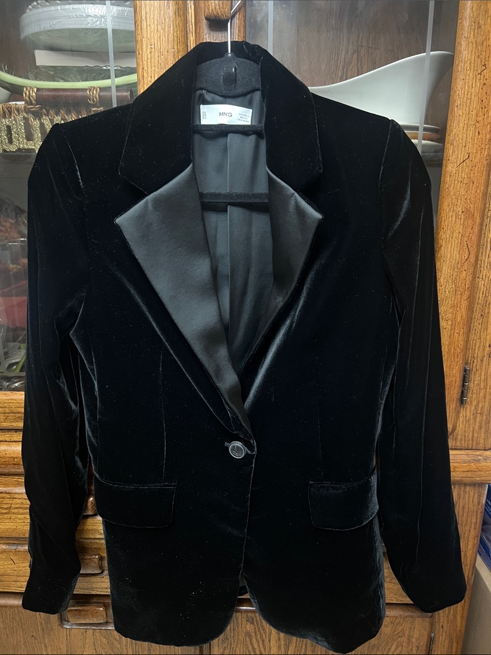 Mango Black Velvet Blazer with Satin Lapel